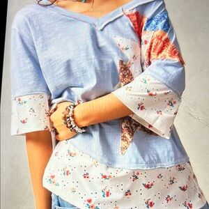 028 Boho Floral V-Neck Blouse in Blue and White
